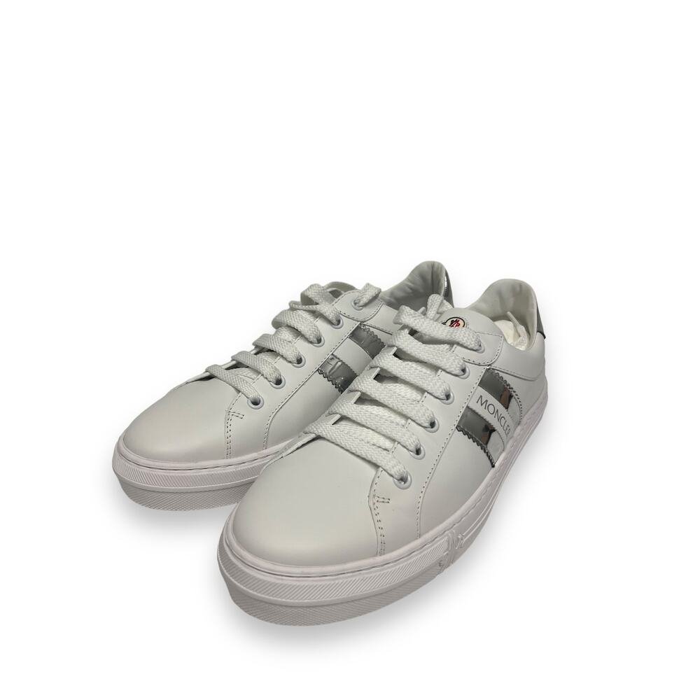 MONCLER White Leather Logo Accent Chrome Tab Ariel Sneakers Trainers EU 40 US 10 - Picture 3 of 9